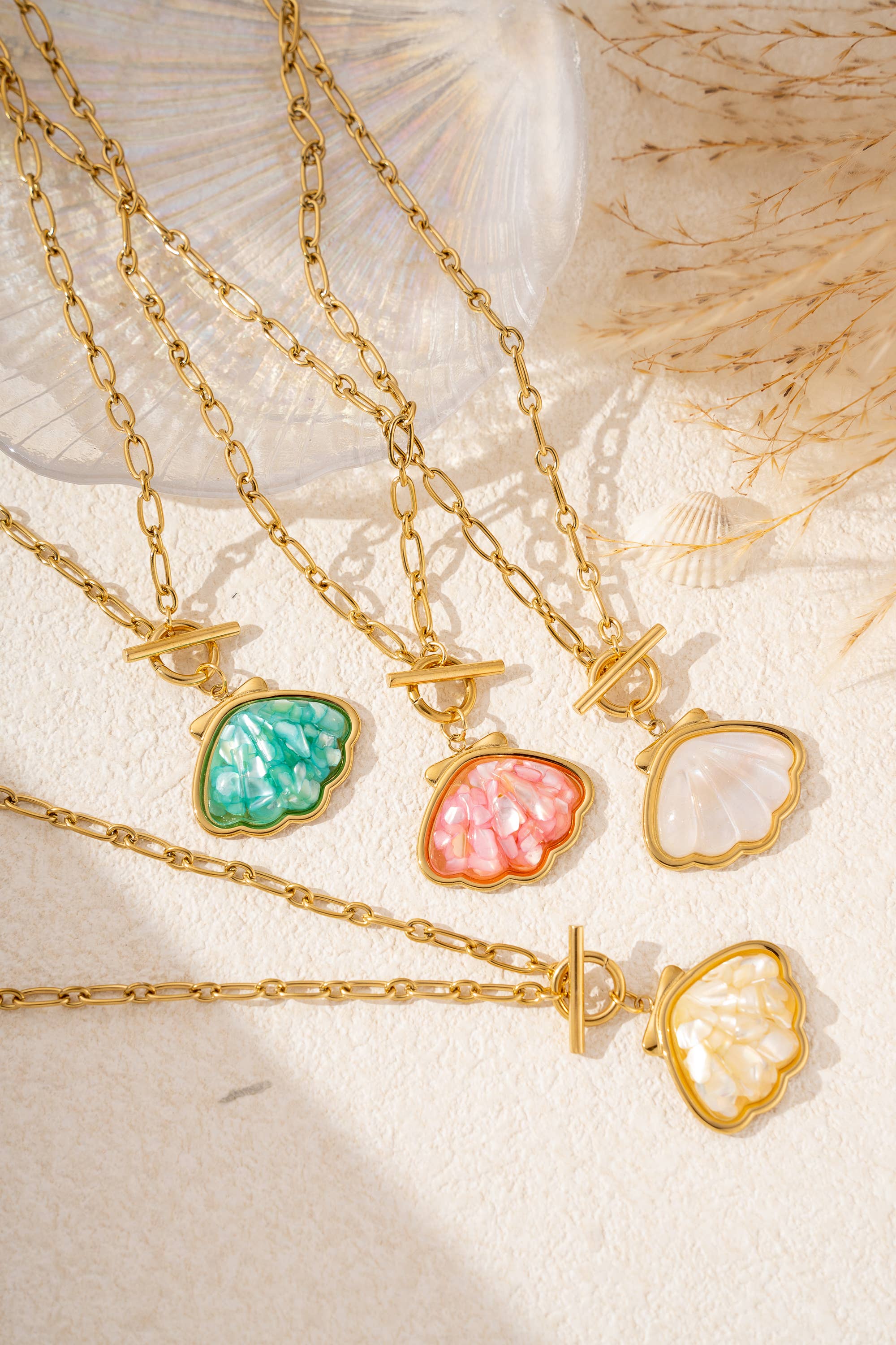 Waterproof gold-tone shell pendant necklaces set by Boho Studio