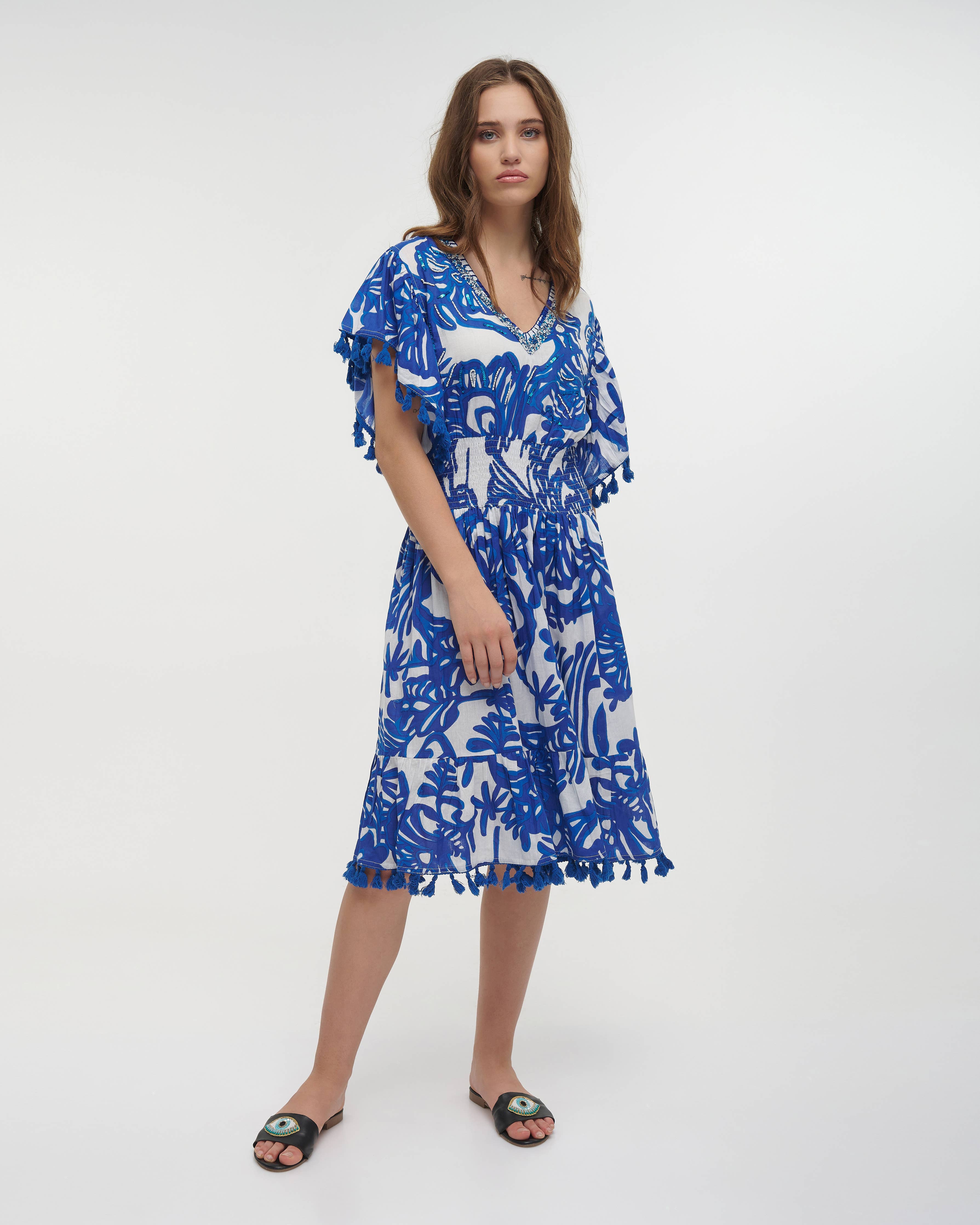 Boho Studio blue and white embroidered cotton kaftan for resort wear