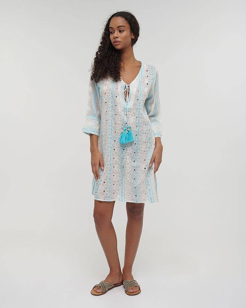 Boho Studio ecru and sky blue cotton resort kaftan