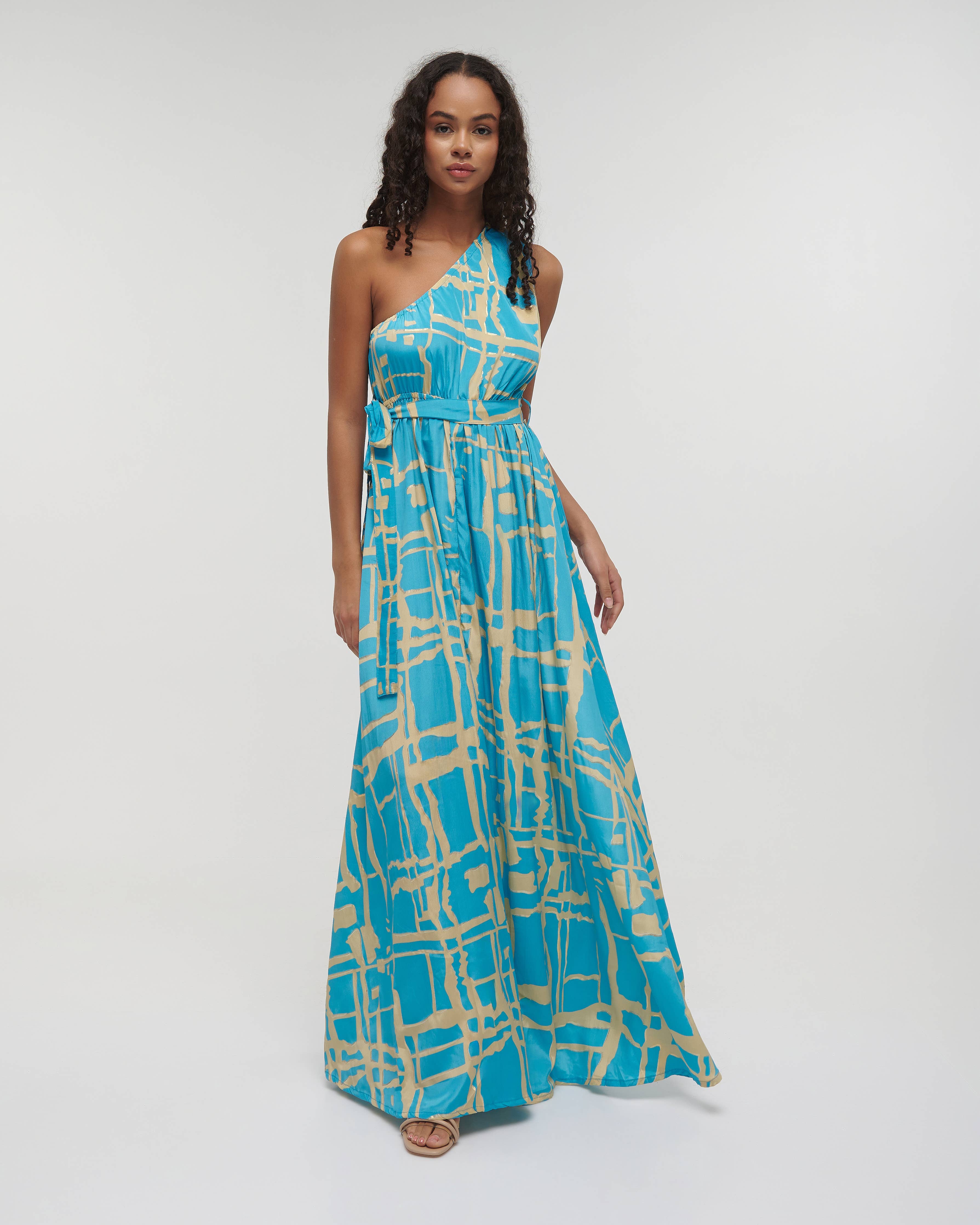 Boho Studio powder blue one-shoulder crepe resort gown