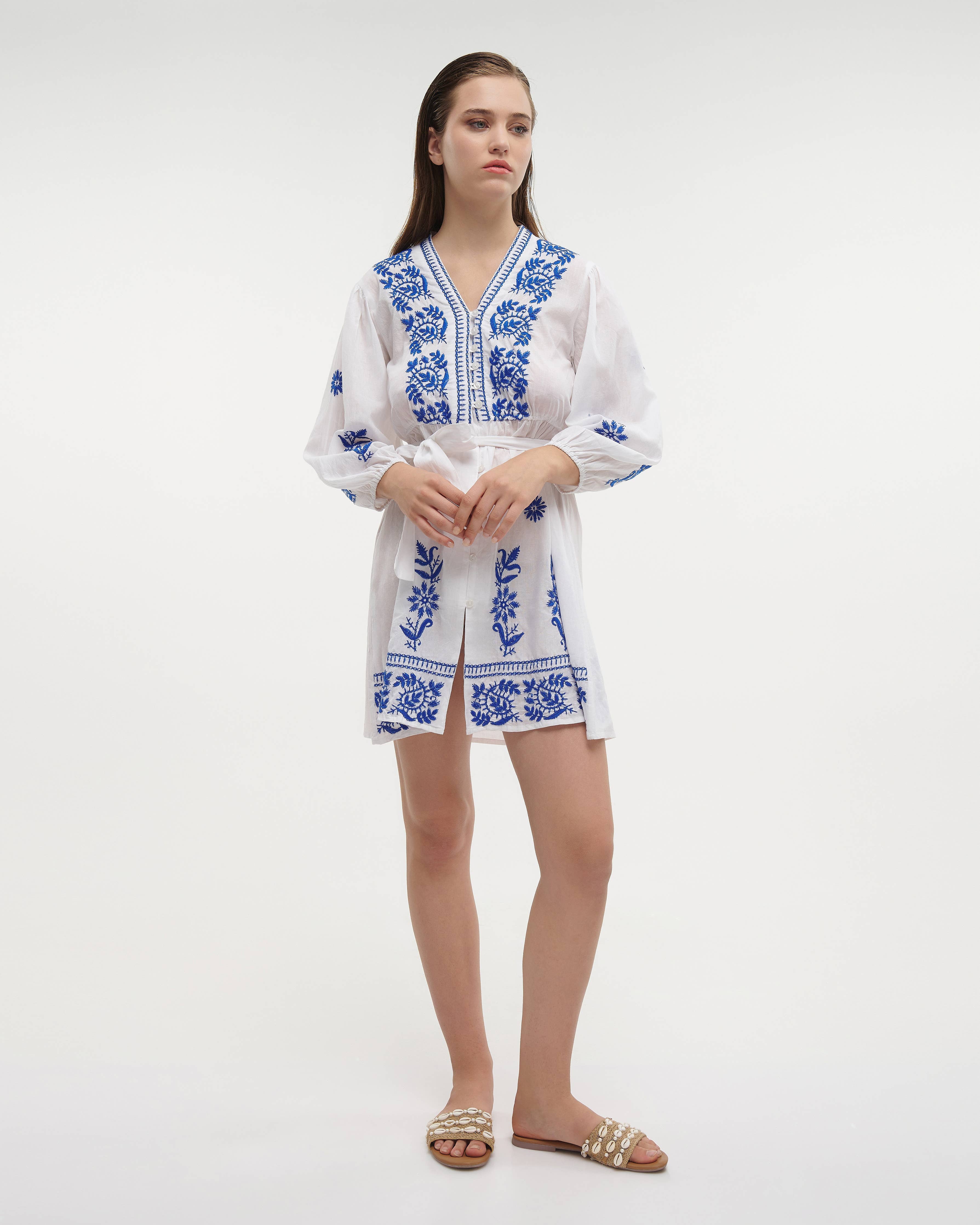 Boho Studio white cotton mini dress with blue embroidery