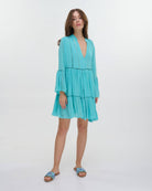 Boho Studio baby blue long-sleeve cotton mini dress for resort wear