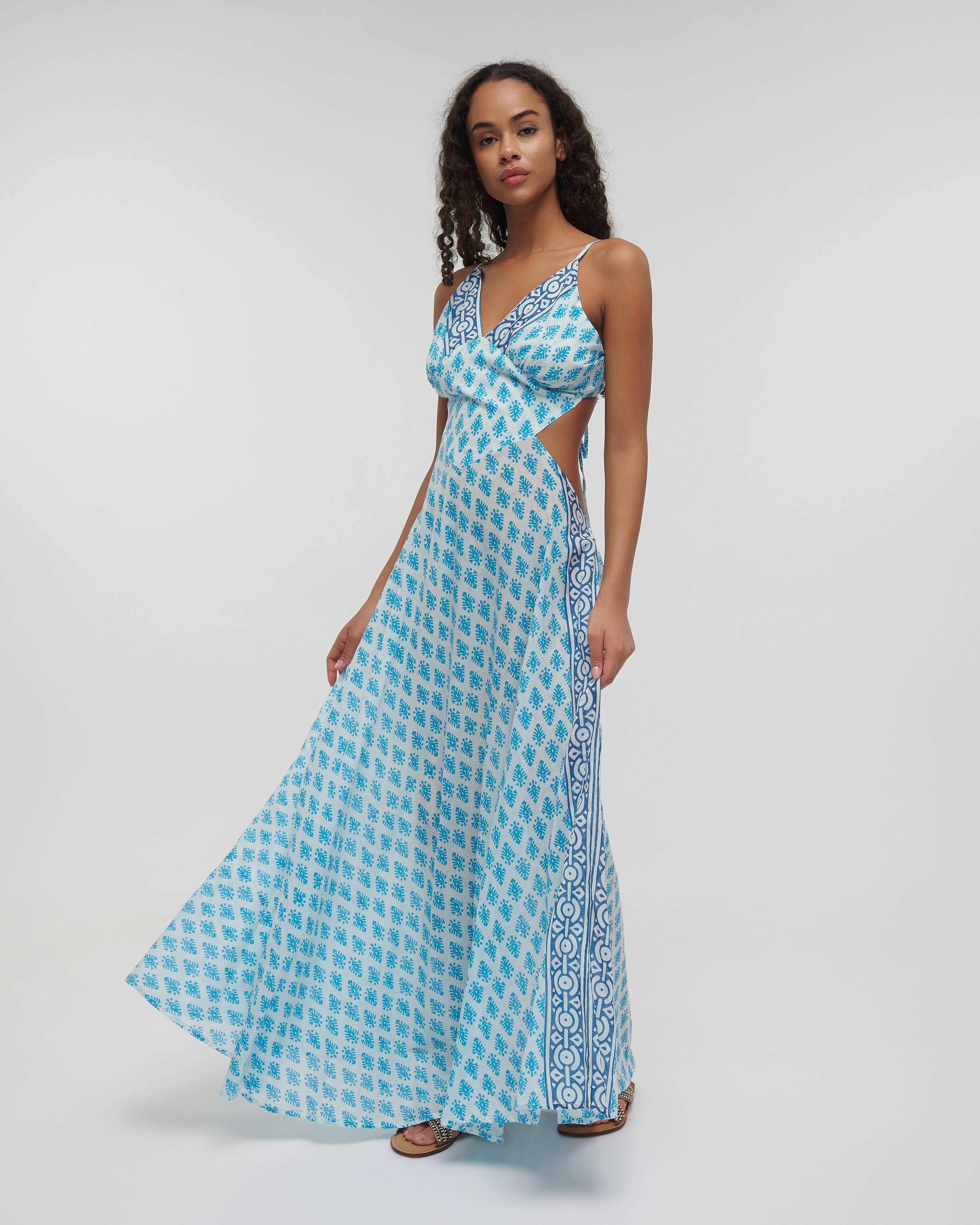 Boho Studio turquoise and ecru cotton cut-out maxi dress