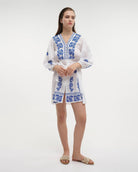 Boho Studio white cotton mini dress with blue embroidery