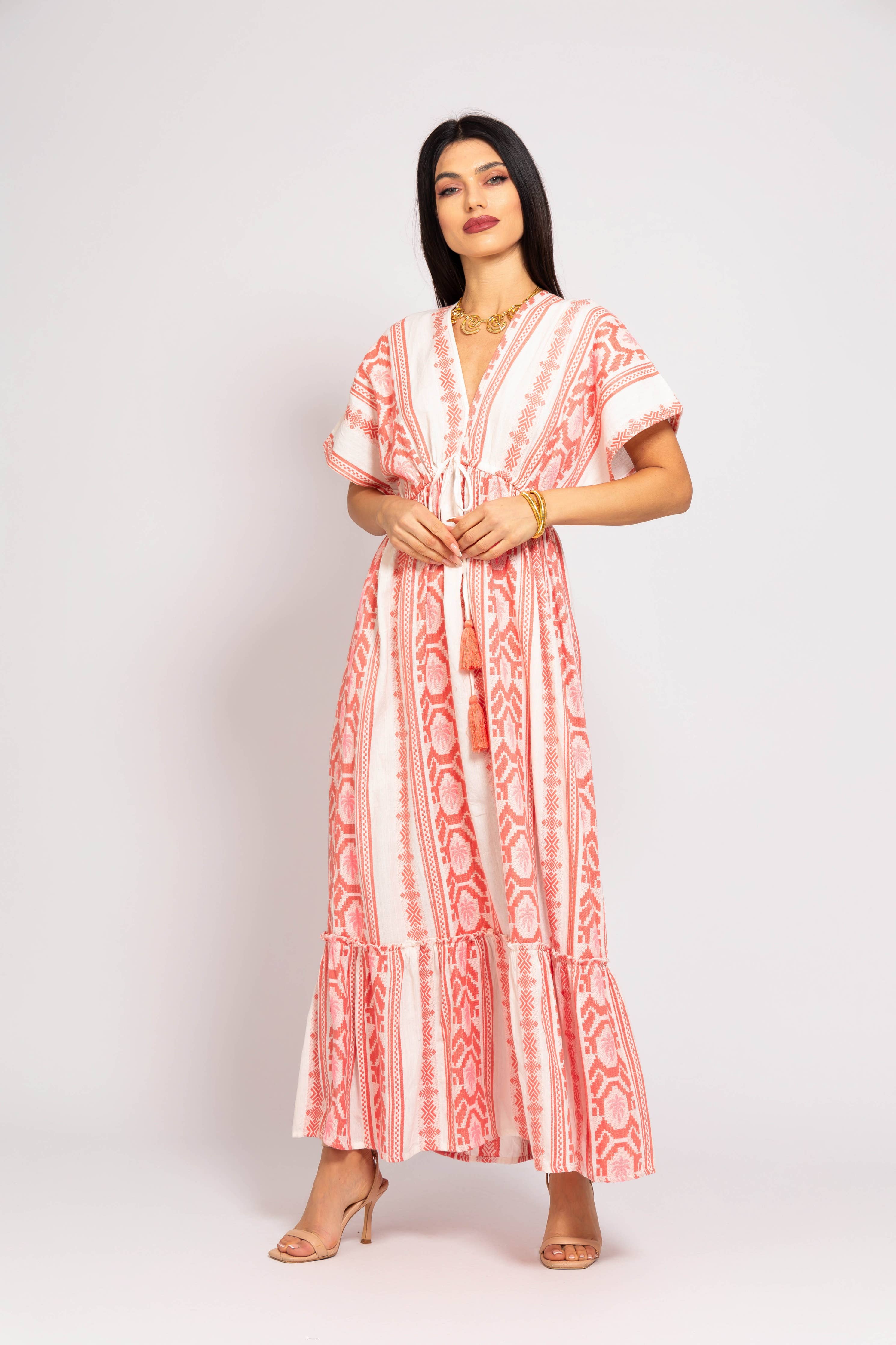 Boho Studio Aegina palm print cotton summer dress with short sleeves
